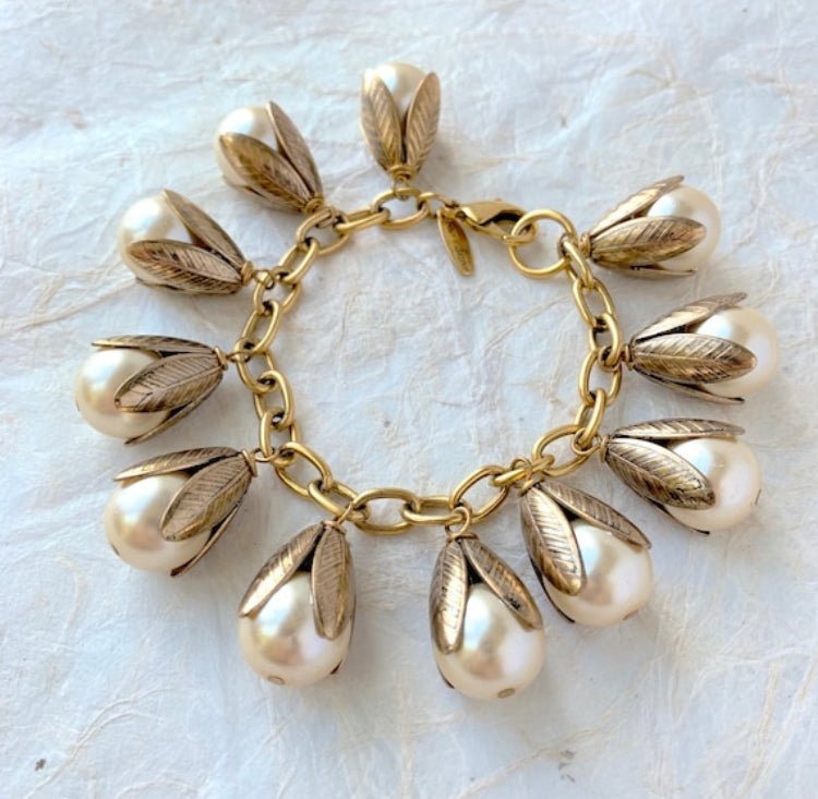 Classic Bead Cap Charm Bracelet - Shiny Cream Pearl – Lenora Dame