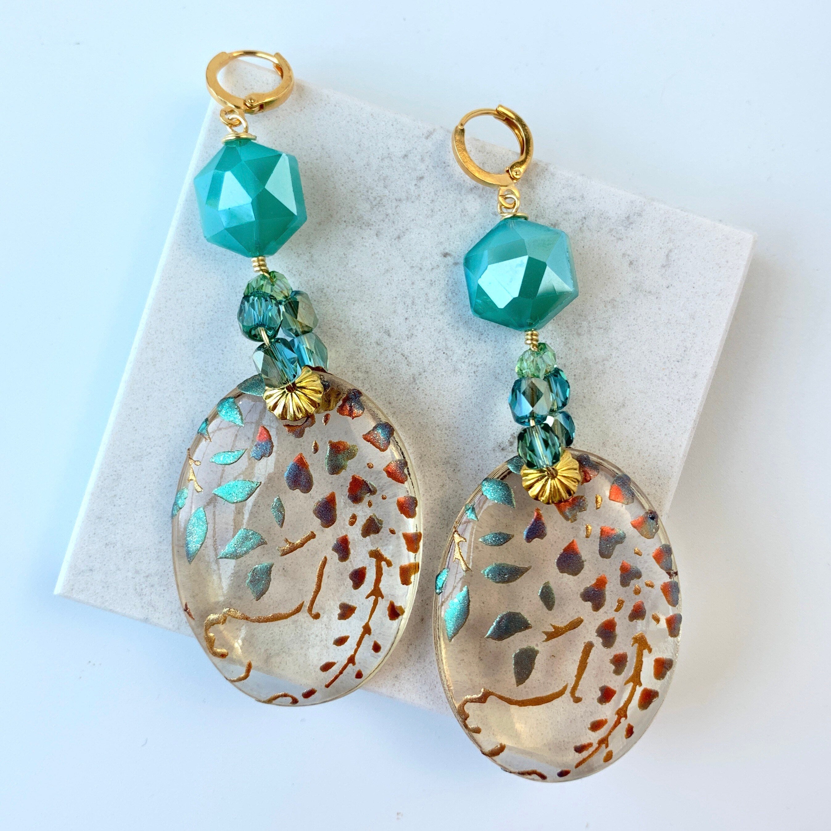 Hand Crafted, Jewelry, Green Gold Resin Earrings