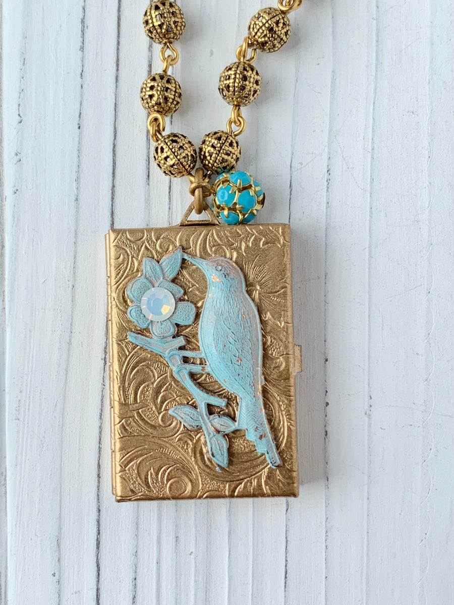 Bird Book Locket Charm Necklace - Choice of 3 Color Options