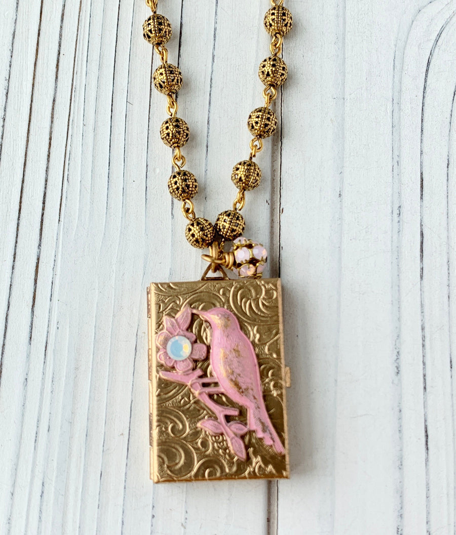 Bird Book Locket Charm Necklace - Choice of 3 Color Options