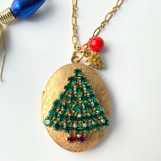 Rhinestone Christmas Tree locket necklace. Gold locket necklace with rhinestone Christmas tree.