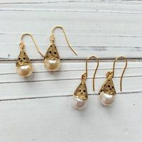 Filigree Bead Cap Pearl Earrings - 2 Pearl Color Options