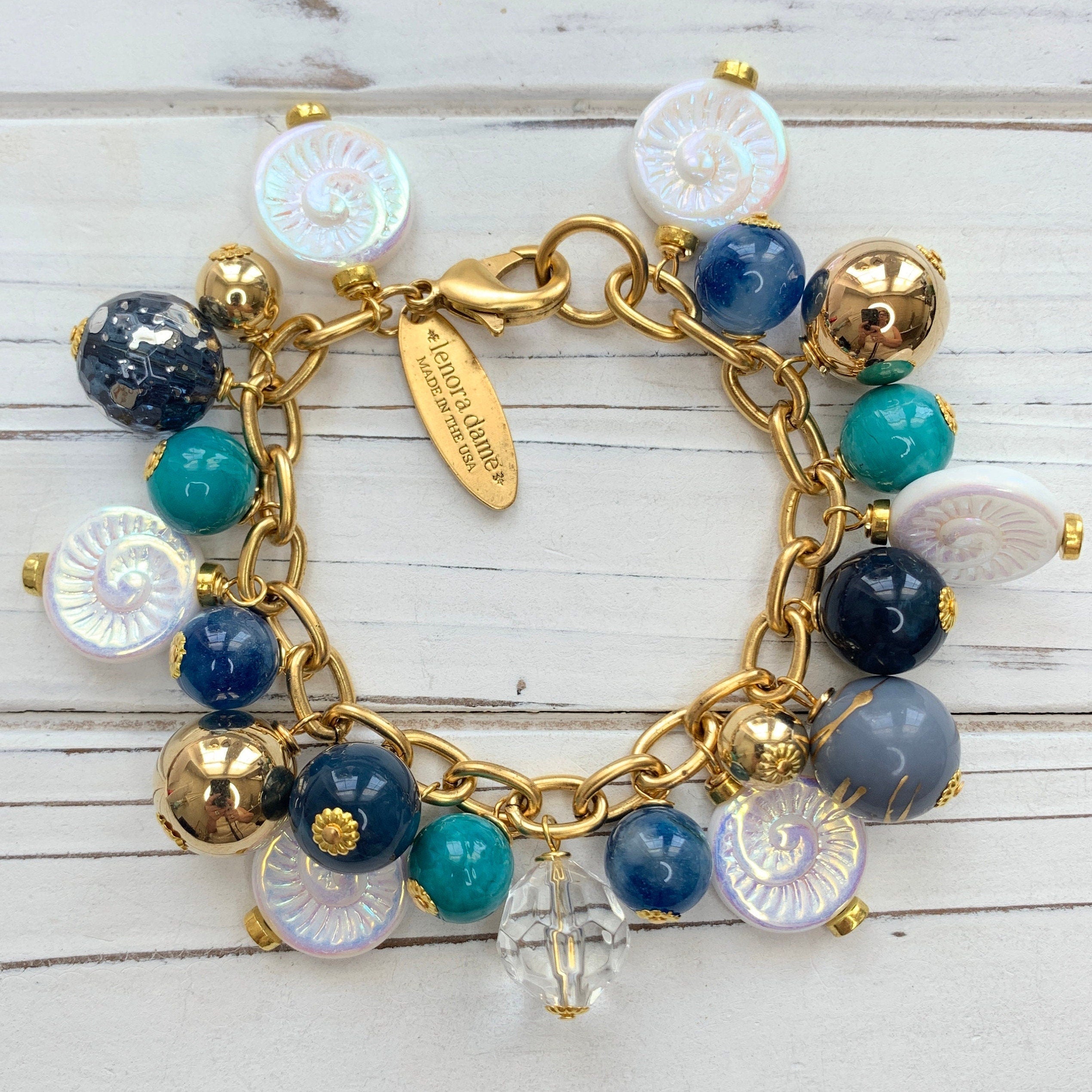 Lenora Dame Beaded Charm Bracelet, Mixed Material Gold and Silver Tone Jewelry, Glass Bead, Button, Shell, Disk Drop Chunky good Charms