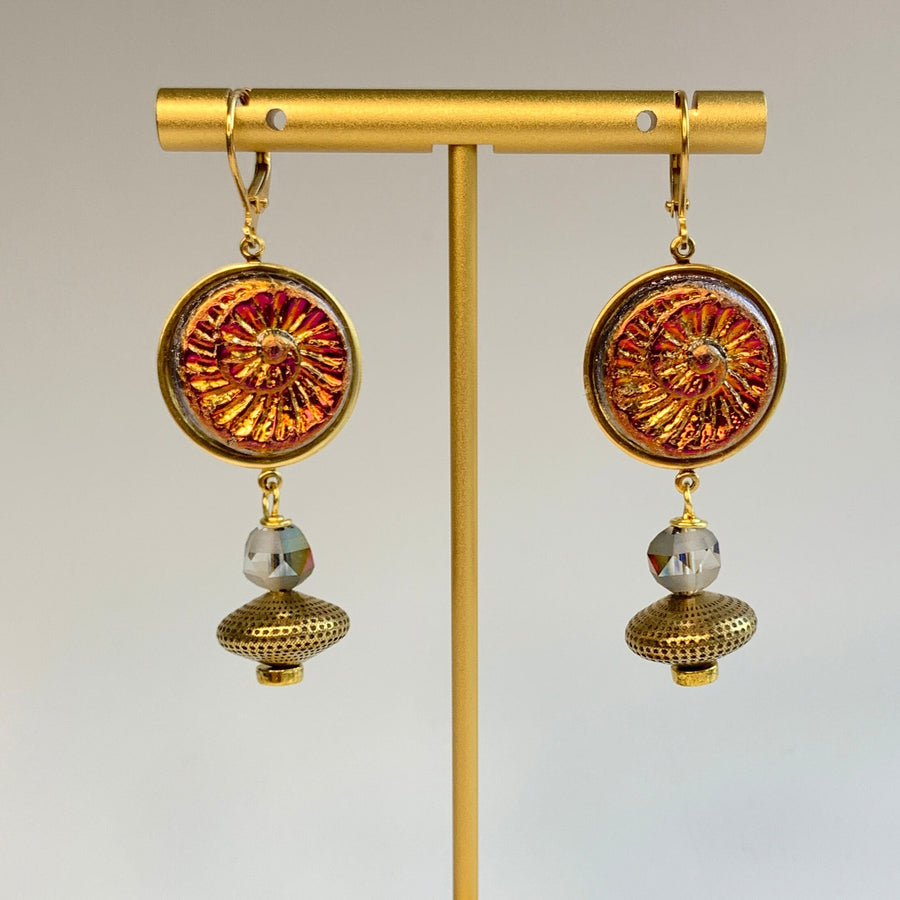 Lenora Dame Sunset Red Czech Glass Ammonite Earrings