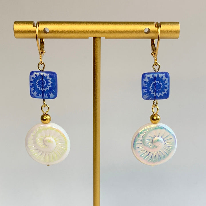 Lenora Dame Cloud White Czech Glass Ammonite Earrings