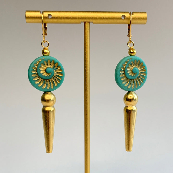 Lenora Dame Turquoise and Gold Czech Glass Ammonite Earrings