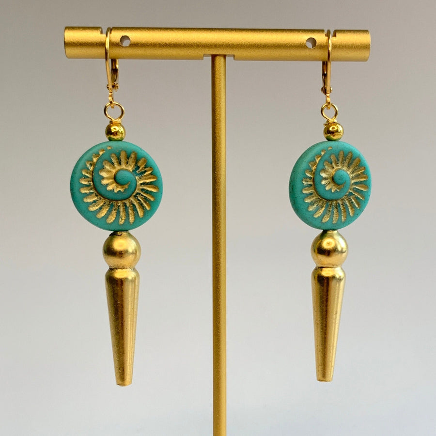 Lenora Dame Turquoise and Gold Czech Glass Ammonite Earrings