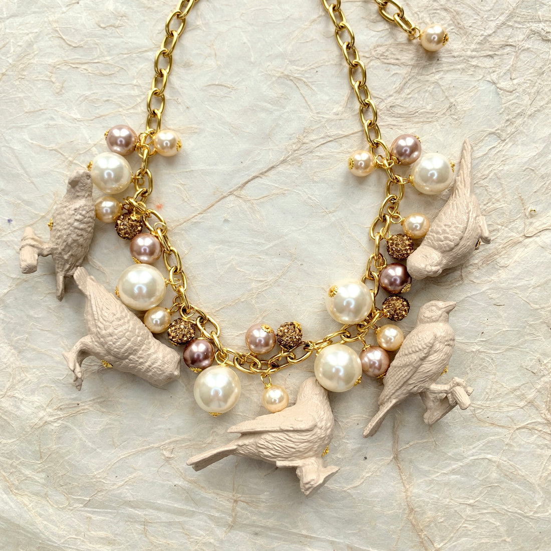 Linen Painted Pearl Bird Necklace