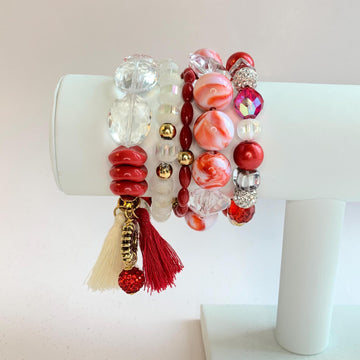 Red chunky bracelet. Red and white stackable beaded bracelets.