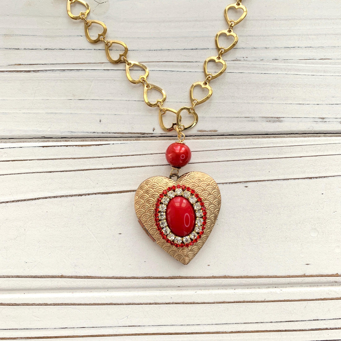 Rhinestone Heart Locket Necklace