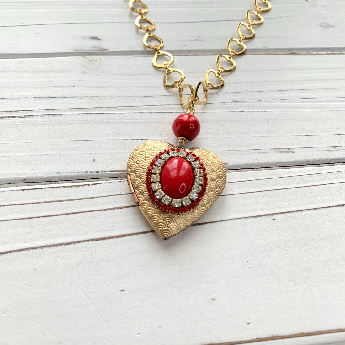 Rhinestone Heart Locket Necklace