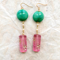 Pink and green dangle earrings. Cute earrings for women.