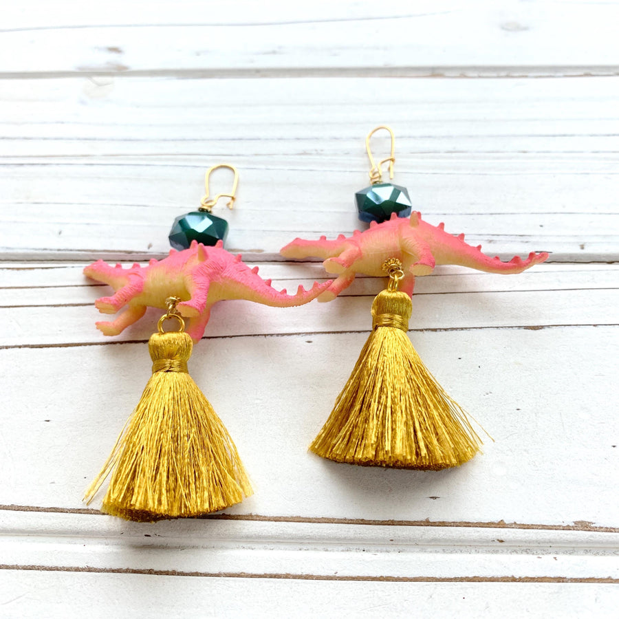 Pink Dinosaur Tassel Earrings